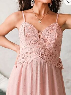 A. Peach Swiss Dot Powder Pink Crinkle Maxi Dress Size S Crochet Boho Wedding